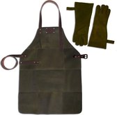 Leren Schort + Leren Handschoenen - Lederen Schort – ARMY Green - Kokschort - BBQ Schort - Kookschort - Vaderdag - 81 cm x 56 cm Inclusief Handschoenen voor de Barbecue