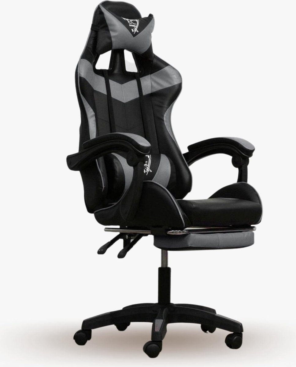 Deluxe Game Stoel - Gaming Stoel - Gaming Chair - Bureaustoel - Grijs - Extra Kussens - Uitschuifbare Voetensteun - Kazaxl