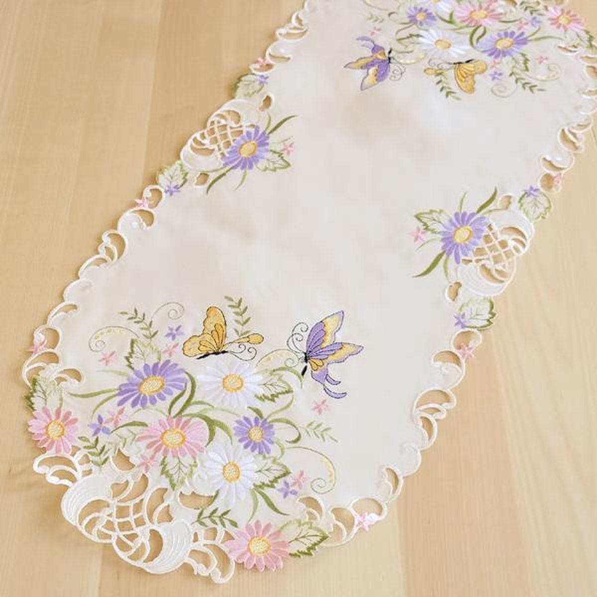 Chemin de table blanc 40 x 90 cm Nappe Nappe Pâques Décoration de table Printemps Multicolore Fleurs Et Papillons 