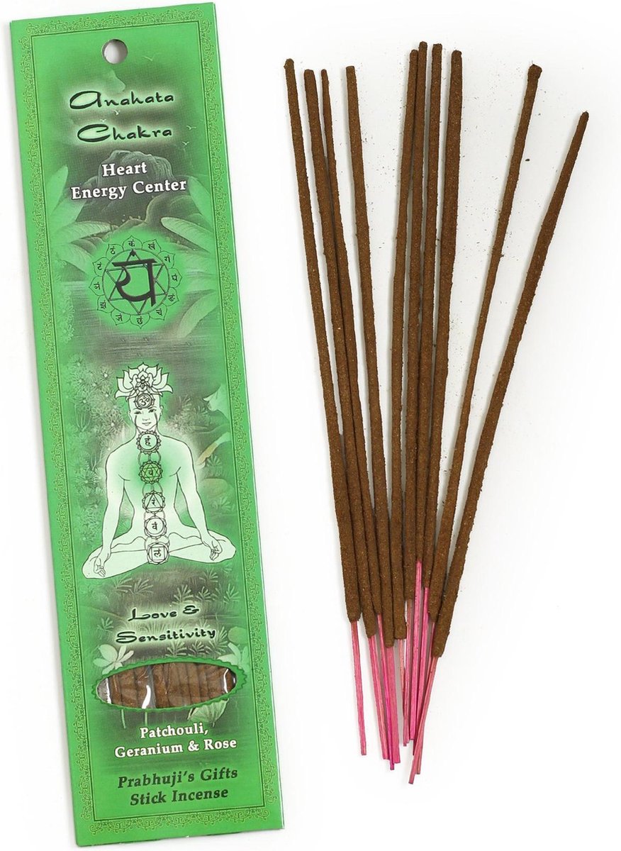 Wierook, handgerold, Prabhuji's Gifts, 'Chakra 4 (groen)', 20 sticks