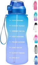 FLOOQ - Waterfles - Bidon - Sportdrankfles - Grote waterfles - Rietje - 2 Liter - Lekvrij - Tijdsmarkering - Motivatie Waterfles - Blauw