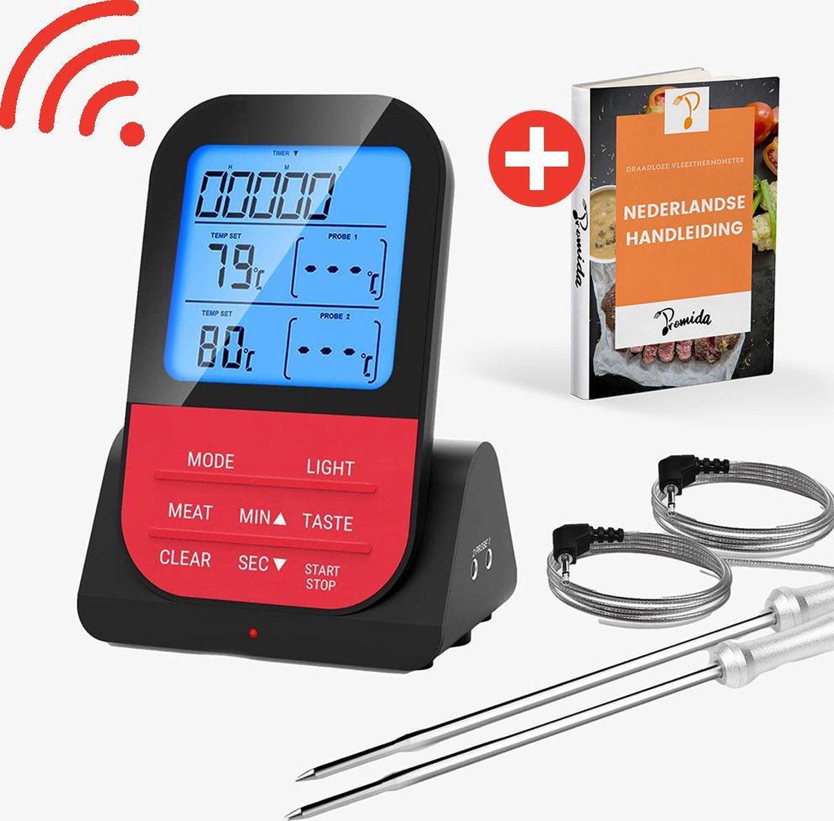 Vleesthermometer Draadloos met Timer - BBQ thermometer – Kernthermometer – Suikerthermometer – Keukenthermometer - Promida