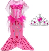 Zeemeermin jurk Prinsessen jurk fel roze met staart + kroon - Maat 128/134 (130) verkleedjurk verkleedkleding