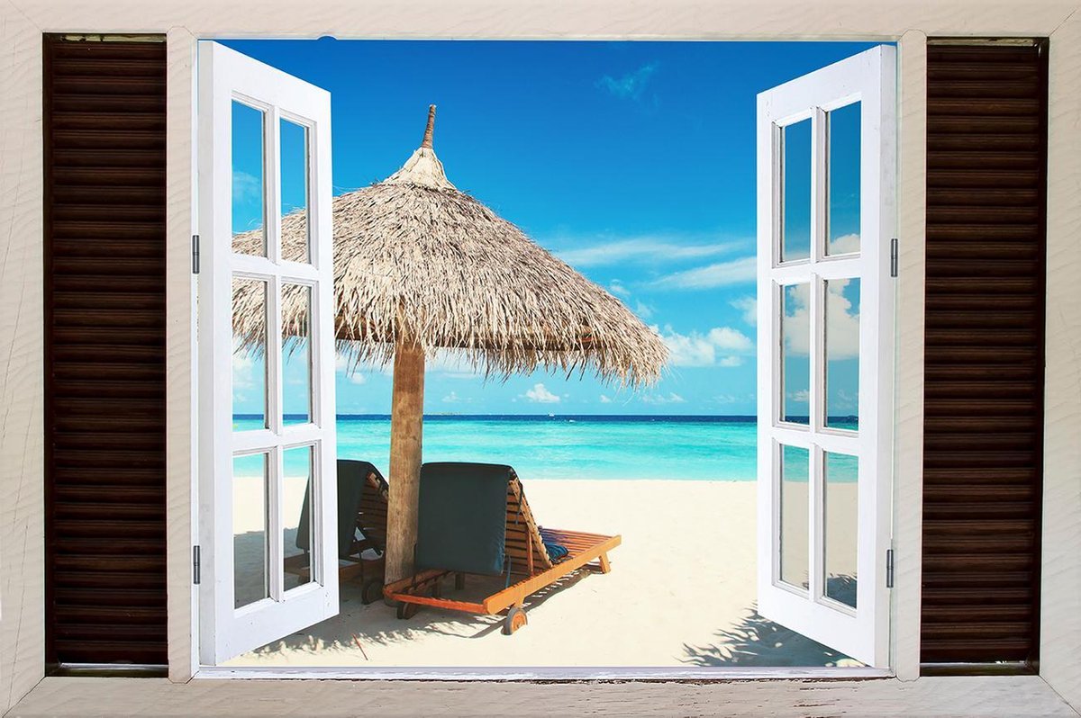 Tuindoek doorkijk openslaand venster naar een Tropisch / Eiland / Strand - 150x100cm - tuinposter - tuinposter doorkijkje – Doorkijk tuinposter - tuinposter doorkijk XL – Tuinposter Voor Buiten