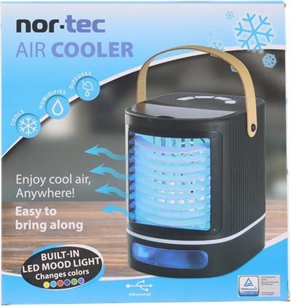 Nor-Tec AirCooler met Led-verlichting (6 kleuren) - Portable Luchtkoeler - Luchtbevochtiger - Diffuser - Koelen & Bevochten - Ventilator - 3 Snelheden - USB-aansluiting