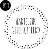 30x Sticker / Cadeausticker / Sluitsticker | HARTELIJK GEFELICITEERD | 35 mm | wit & zwart