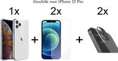 iPhone 12 Pro hoesje shock proof case transparant - 2x iPhone 12 Pro Screen Protector + 2x Camera Lens Screenprotector