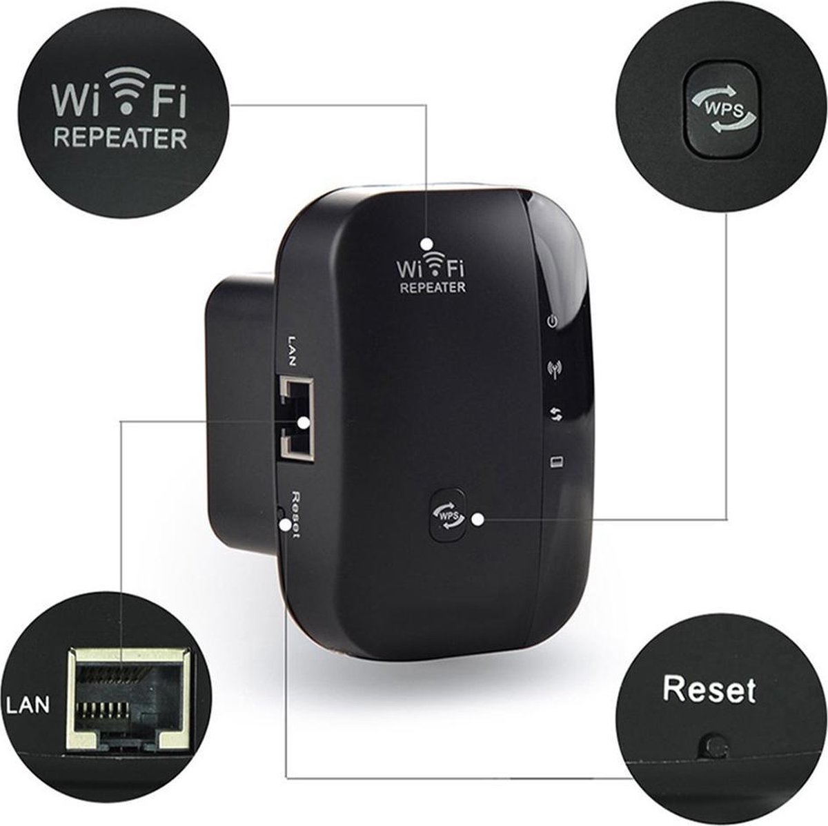 Wifi-versterker repeater (300 Mbit/s 2,4 GHz, Mini WLAN signaalversterker voor thuis, LAN Ethernet-poort, WPS, dekking tot 200 m², compatibel met alle WLAN-apparaten) compact, wit
