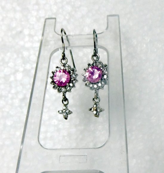 Hetty'S - lange oorhangers- 925 zilver- met roze en witte Zirconia's