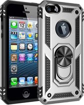 Apple iPhone 5/5S/5SE (Let op: dit is niet geschikt voor SE 2020 en 2022) Stevige Magnetische Anti shock ring back cover case- schokbestendig-TPU met stand Zilver + gratis screenprotector