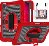 360 graden rotatie Contrastkleur Schokbestendig siliconen + pc-hoes met houder en handgreepriem en schouderriem voor iPad Air 2020 10.9 / Pro 11 2020/2021 / 2018 (rood + zwart)