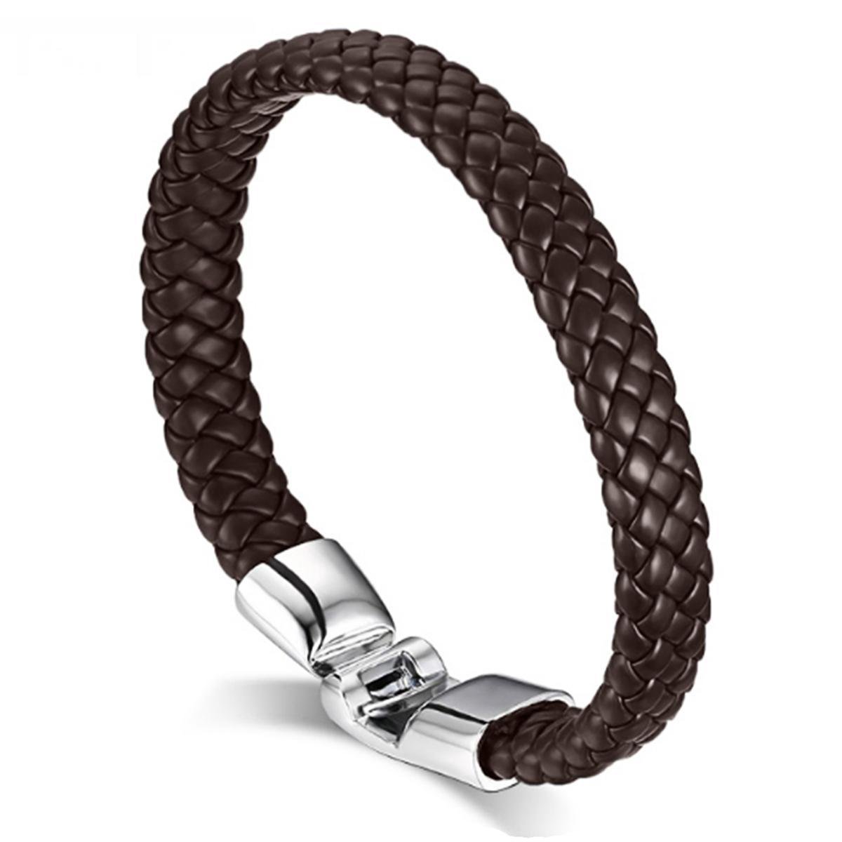 Victorious Leren Armband Heren – Gevlochten Leer en Roestvrij Staal – Bruin/Zilver – 20.5cm