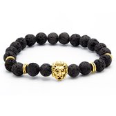 Victorious Natuurstenen Kralen Armband Heren – Gouden Leeuw – Zwart – 18cm