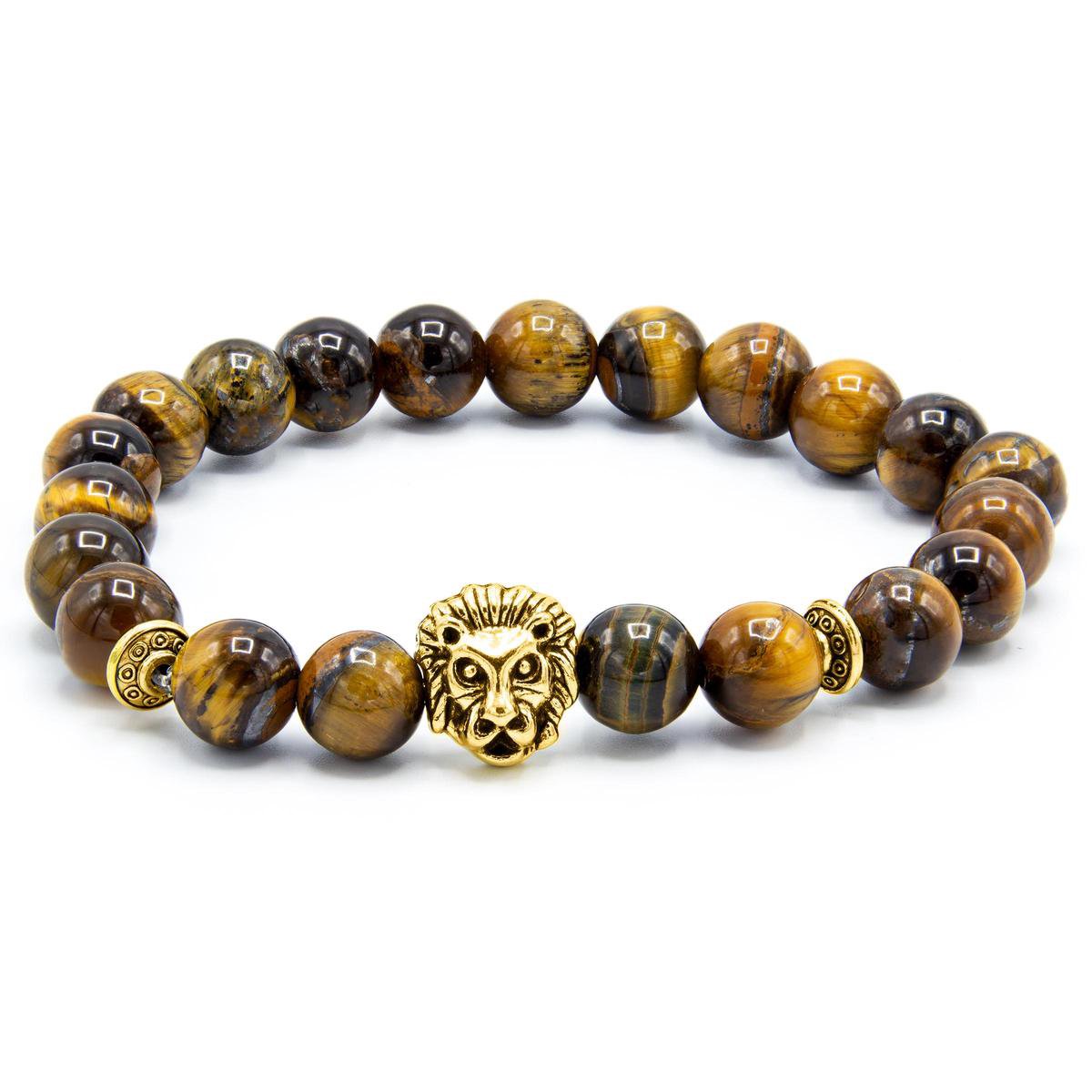 Victorious Natuurstenen Kralen Armband Heren – Gouden Leeuw – Bruin – 19cm
