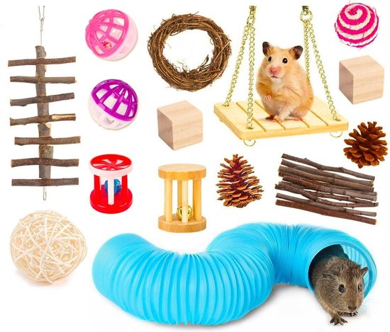 Allerion Knaagdieren Speelgoed Set – 15-delig – Voor Konijn, Cavia, Ratten, Vogels – Hout en Kunststof