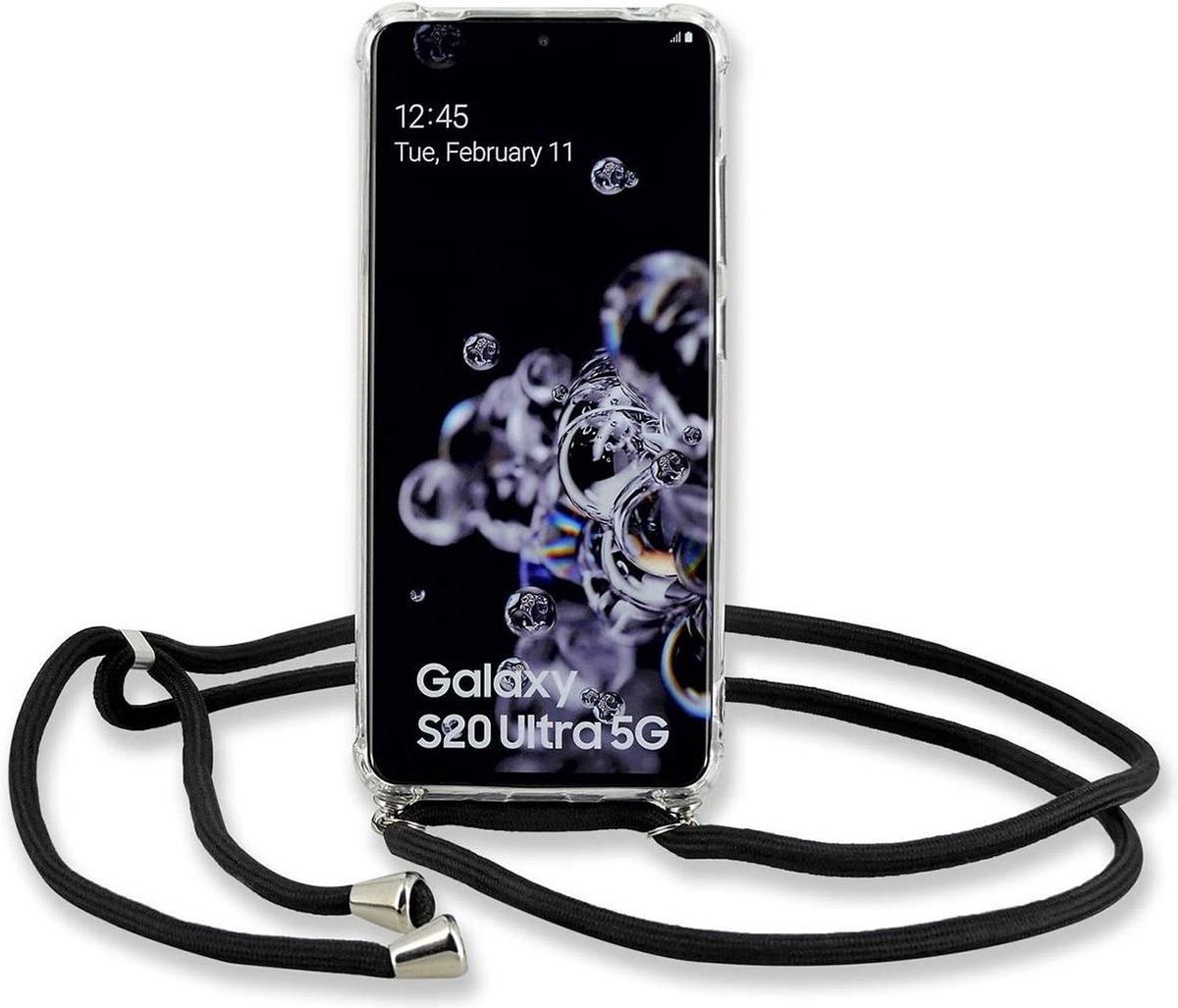 Hoesje Geschikt Voor Samsung Galaxy S20 Ultra Hoesje met Koord transparant silicone case - Galaxy S20 Ultra Koord hoesje draagkoord TPU backcover - Zwart