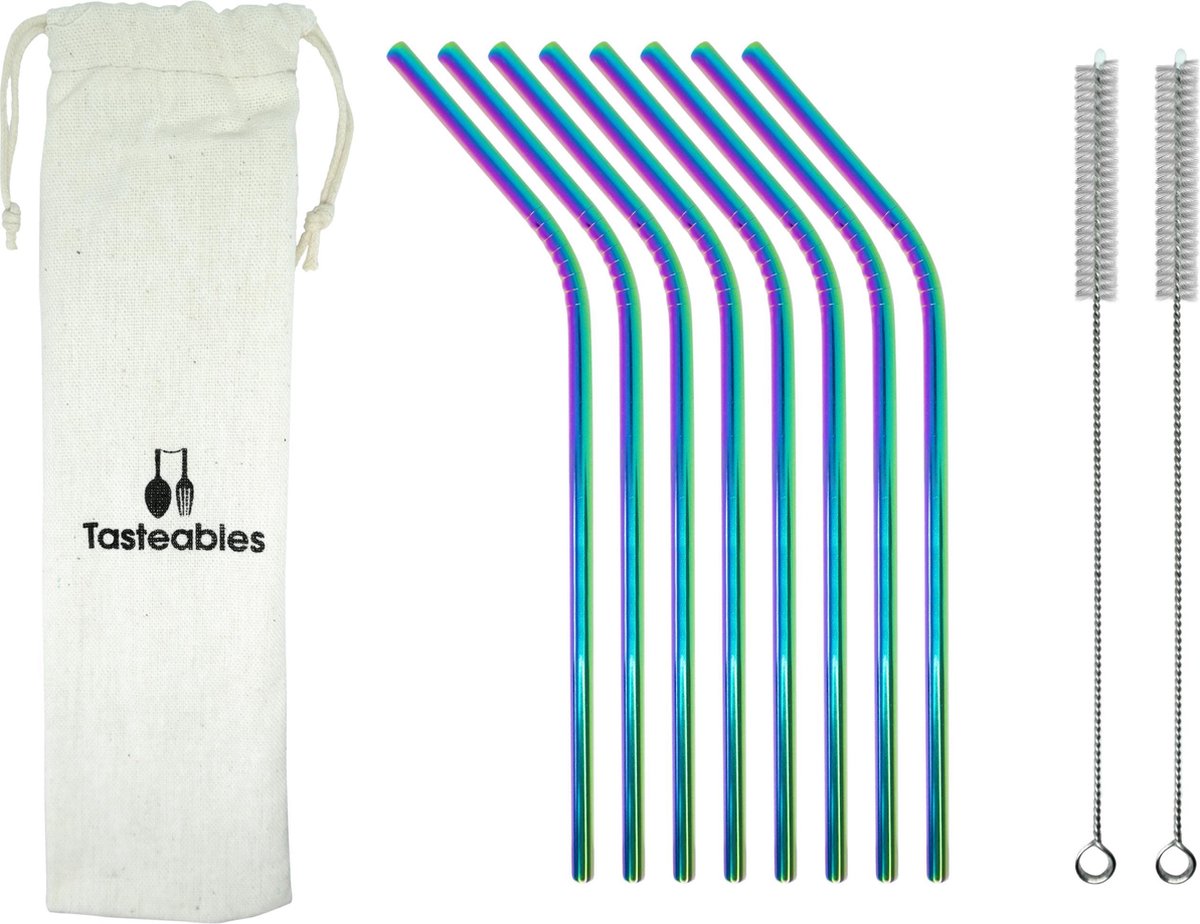 RVS Rietjes Gebogen - Cocktail Rietjes - Tasteables - Set van 8 - Herbruikbaar - Reinigingsborstel - 210mm lengte - Regenboog