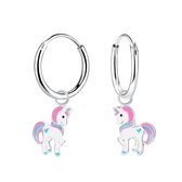 Joy|S - Zilveren pony oorbellen - eenhoorn oorringen - unicorn pastel roze wit