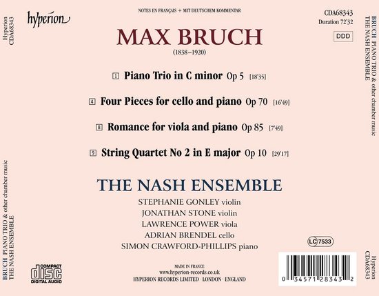 Albumhoes met titel "Max Bruch", "The Nash Ensemble" en tracklist. Met het Hyperion logo.