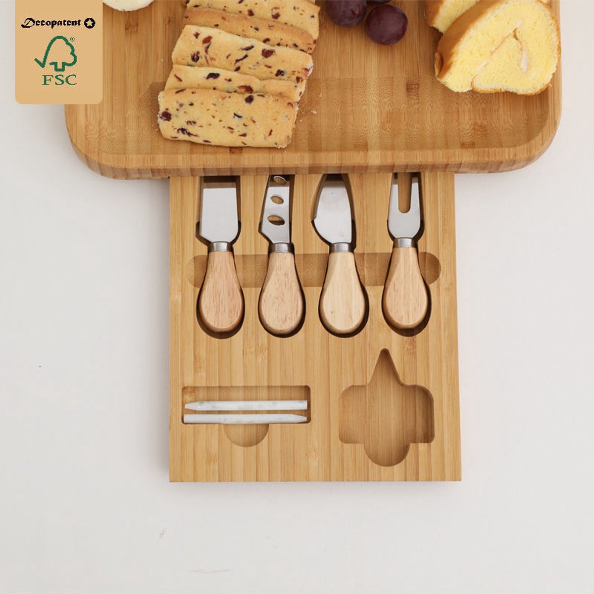 Luxe XL Kaasplank met Lade en Inclusief 4-delige Kaas Messen Set - Kaas Serveerplank - Bamboe Kaasplank met messen — cadeau in Kookcadeaus - foto 6