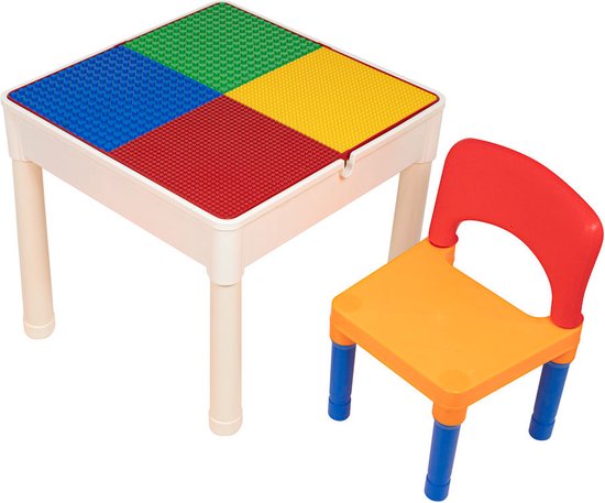 Kindertafel met 1 Stoeltje - Speeltafel met bouwplaat en vlakke kant - Geschikt voor Lego® & Duplo® Bouwstenen