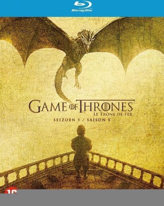 Game of Thrones Le Trône de Fer Seizoen 5 Blu-ray Disc cover met een draak boven een figuur op een brug.