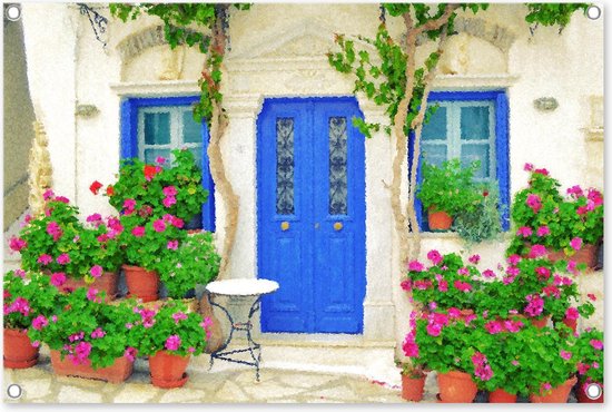 Graphic Message - Tuinposter - Grieks Huis met Bloemen  - Outdoor Tuin Doek - Griekenland - Buiten