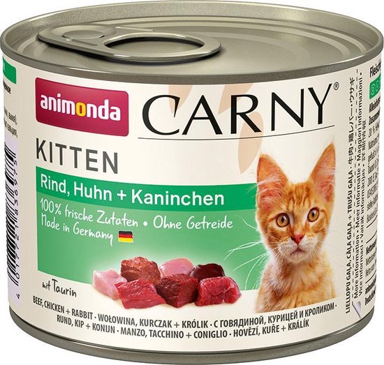Blikje Animonda CARNY kittenvoer met rund, kip en konijn. Met een kitten op de voorkant.