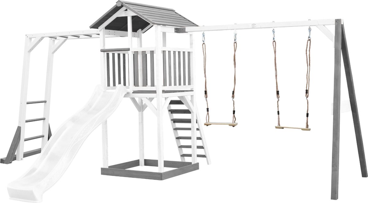 AXI Beach Tower Speeltoestel in Grijs/Wit - Speeltoren met Klimrek Dubbele Schommel Witte Glijbaan en Zandbak - FSC hout - Speelhuis op palen voor de tuin