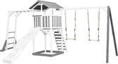 AXI Beach Tower Speeltoestel in Grijs/Wit - Speeltoren met Klimrek, Dubbele Schommel, Witte Glijbaan en Zandbak - FSC hout - Speelhuis op palen voor de tuin