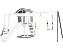 AXI Beach Tower Speeltoestel in Grijs/Wit - Speeltoren met Klimrek, Dubbele Schommel, Witte Glijbaan en Zandbak - FSC hout - Speelhuis op palen voor de tuin