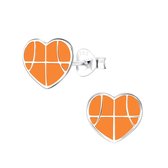Joy|S - Zilveren hartje oorbellen - basketbal - oranje - 9 mm