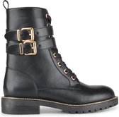 PS Poelman Dames - DUNGABALL PU Imitatieleren Biker Veter Laarzen Boots met Gouden Gespen en Rits - Zwart - Maat 37