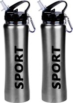 2x Sport Bidon drinkfles/waterfles Sport print zilver 600 Ml van Aluminium met karabijnhaak