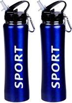 2x Sport Bidon drinkfles/waterfles Sport print blauw 600 Ml van Aluminium met karabijnhaak