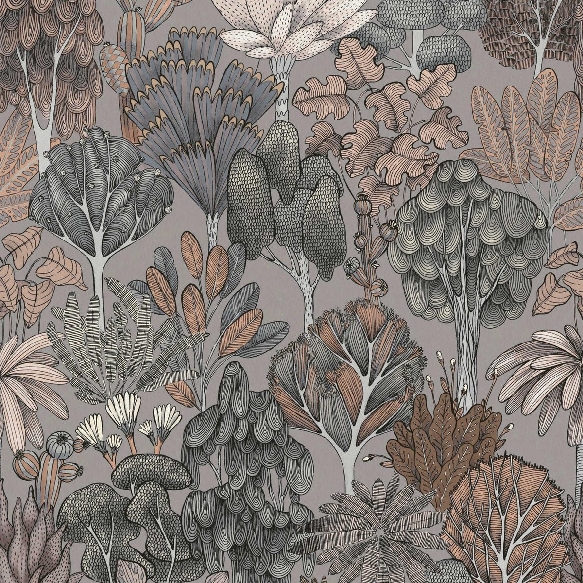 DOODLE DESIGN BOMEN BEHANG - Grijs Beige Oranje -