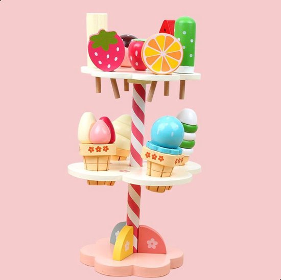 Houten Speelgoed ijsjes en snoepje set- 11 stuks - Met Houten Straberry Stand - Speelgoed eten en drinken - Rollenspel - kinderen - 3 jaar - Gift - Cadeau