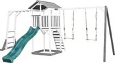 AXI Beach Tower Speeltoestel in Grijs/Wit - Speeltoren met Klimrek, Dubbele Schommel, Groene Glijbaan en Zandbak - FSC hout - Speelhuis op palen voor de tuin