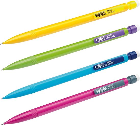 Vier BIC Matic Fun vulpotloden in geel, groen, blauw en roze.