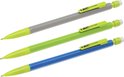 Drie BIC ECOlutions vulpotloden: grijs, groen en blauw, elk met limegroene punt en clip.