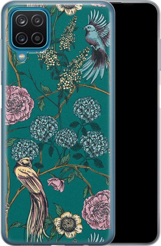 Coque Samsung A12 - Vogels Fleurs Japonaises | Samsung Galaxy A12 | Étui en Siliconen TPU | Coque arrière pour téléphone Transparent