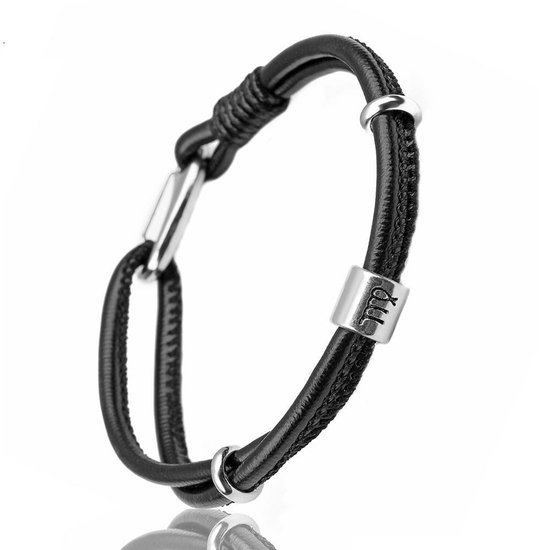 Maagd / Virgo - Leren Armband met Sterrenbeeld Hanger - Zwart Leer - Staal - Astrologie - Armbanden - Cadeau voor Man - Mannen Cadeautjes