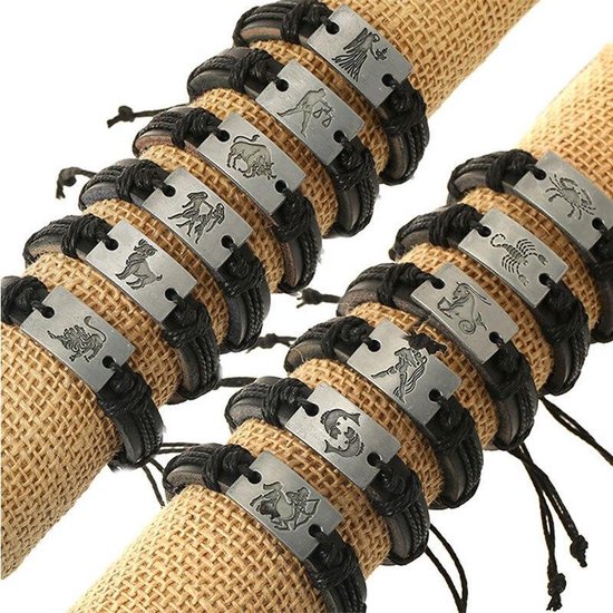 Weegschaal / Libra - Leren Armband met Sterrenbeeld Hanger - Zwart Leer - Staal - Astrologie - Armbanden - Cadeau voor Man - Mannen Cadeautjes