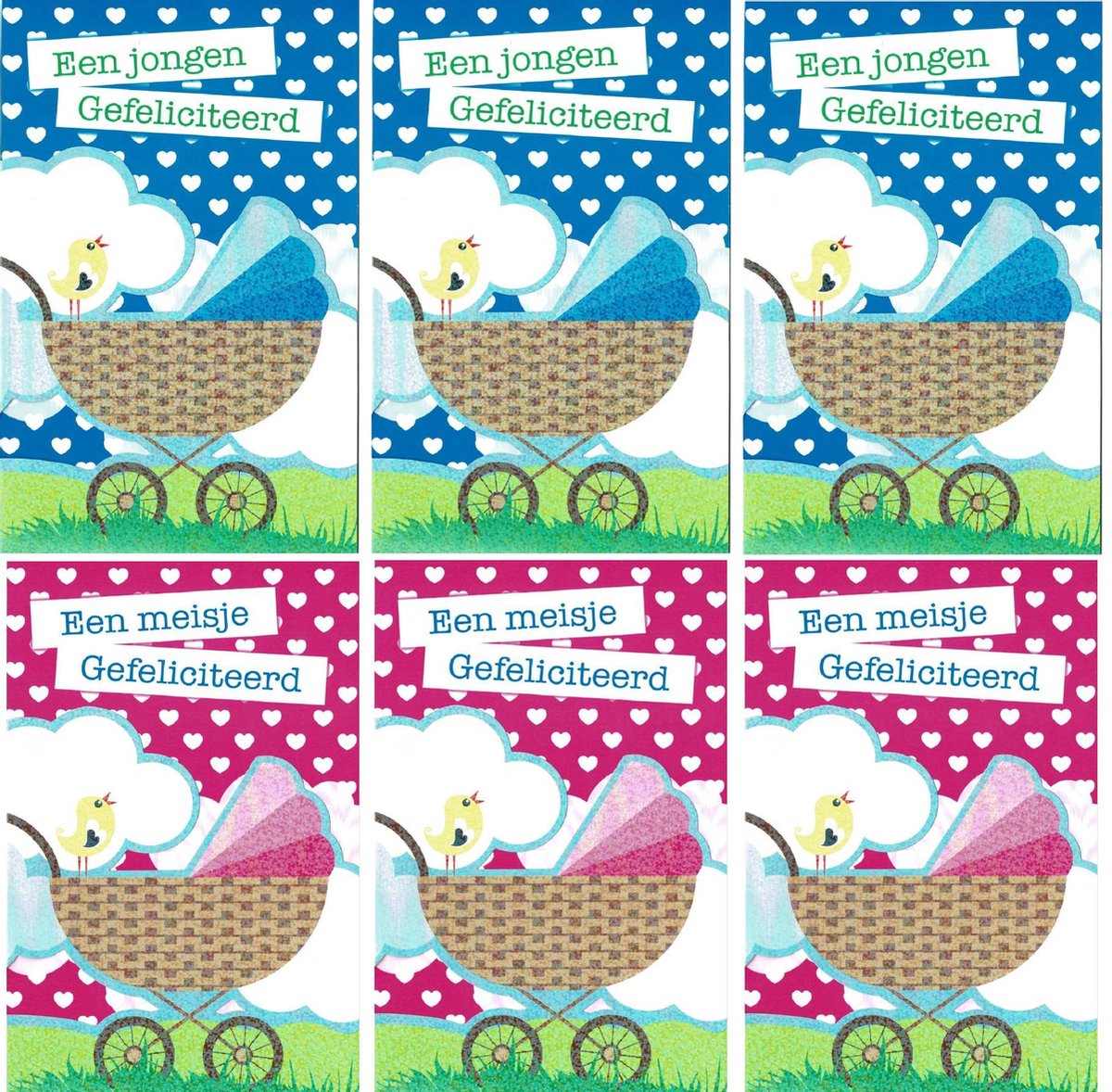 6 Extra Grote luxe wenskaarten - Geboorte - 23 x 14,5 cm - Inclusief envelop -