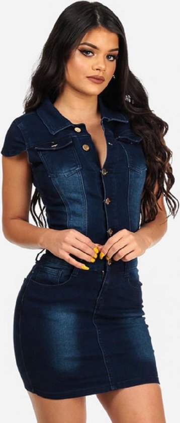 Korte Bodycon Casual Jeansjurk met korte mouw en knoop voorkant,  Donkerblauw, Maat L | bol.com