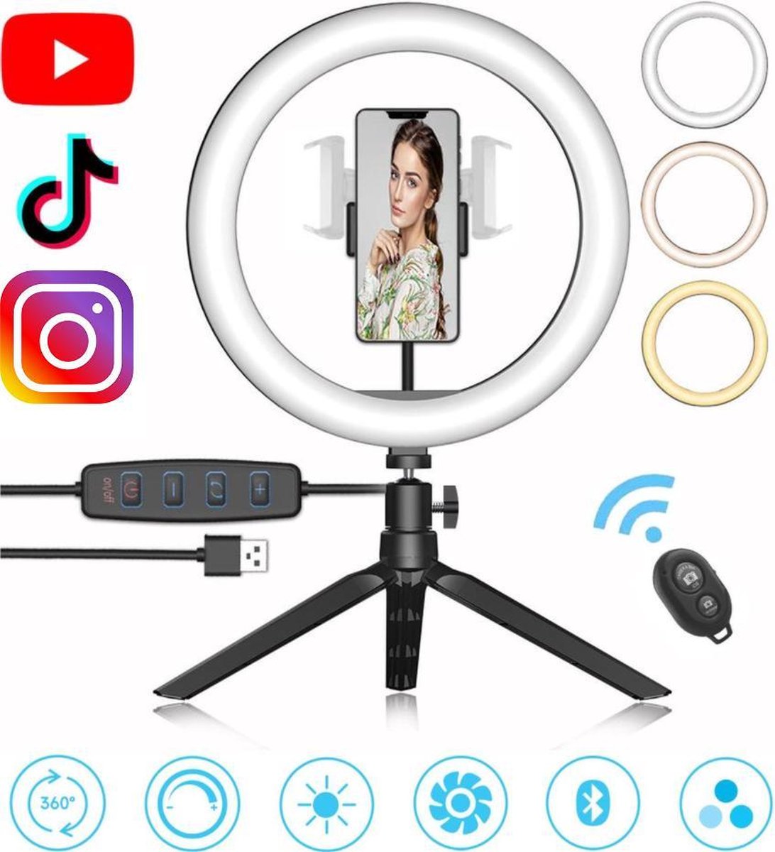 LED Ringlamp met Statief en Telefoonhouder - incl. Bluetooth Afstandsbediening - Selfie Ring Light - Ringlight  - Make Up Licht - Flitser - Studiolamp - ⌀ 26cm - Zwart - Merkloos