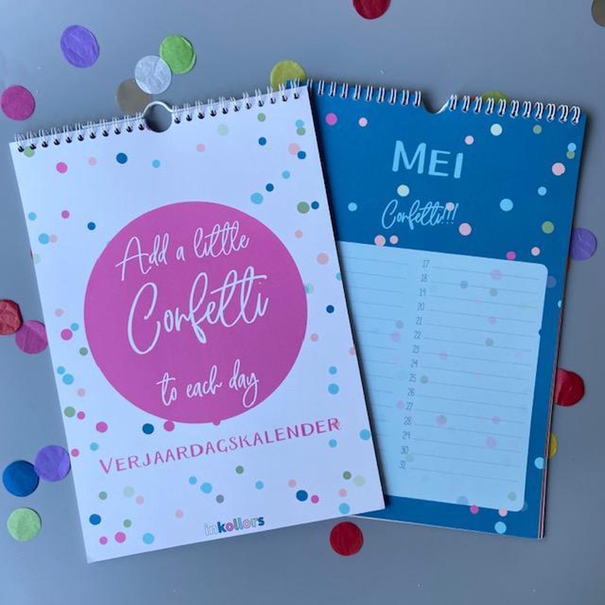 Verjaardagskalender - A4 - confetti - vrolijk - kalender - feest - familiekalender - verjaardag - inkollors - roze