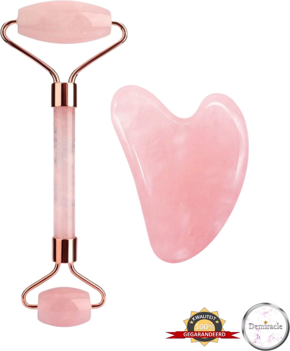 Demiracle® Face Roller & Gua Sha Schraper – Rose Quartz – Face Rollers – Gezichtsmassage – Massagetools – Massage - Ontspanning – Kwaliteit