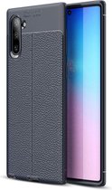 Samsung Note 10 Hoesje Shock Proof Siliconen Hoes Case | Back Cover TPU met Leren Textuur - Blauw
