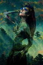 Glasschilderij Vrouw Met Vlinders - 80x120cm - Goud / Groen / Blauw - Natuur